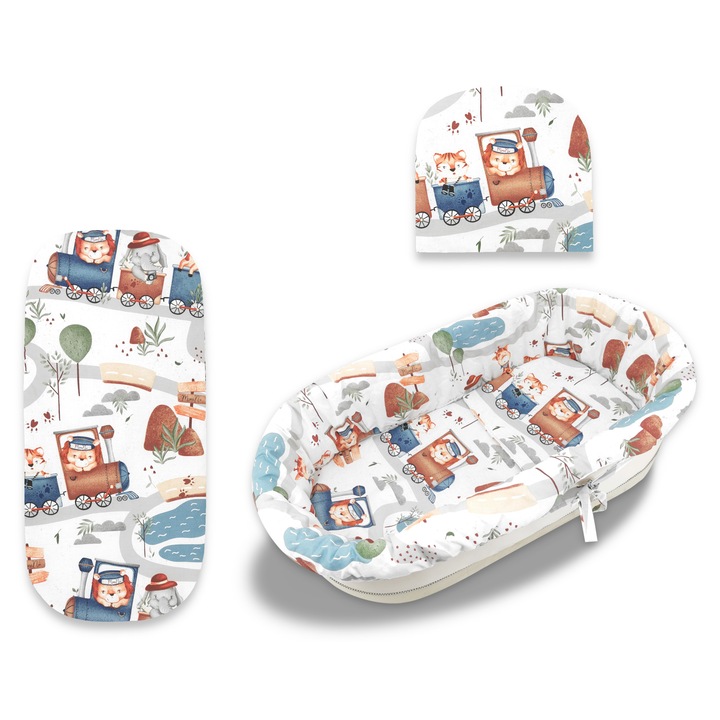 Set pentru landou/cosulet, MimiNu, Cu protectie, saltea si pernuta, Din bumbac certificat Oeko Tex Standard 100, Design, Zoo in train