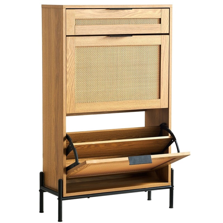 Cipős szekrény, 2 összecsukható fiók és 1 eltolható fiók, Rattan fa, 647 x 263 x 1028 mm, Barna, max 45 kg