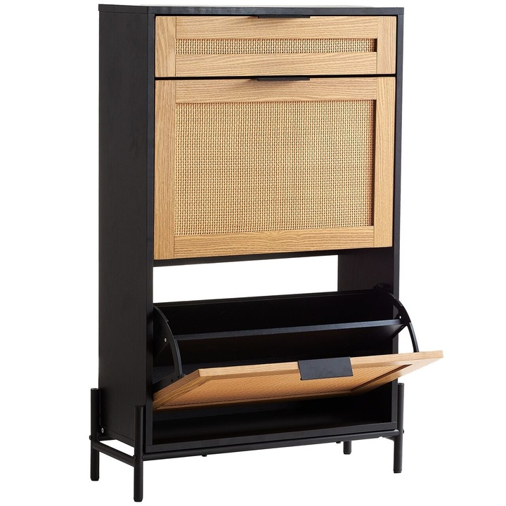 Cipős szekrény, 2 összecsukható fiók és 1 eltolható fiók, Rattan fa, 647 x 263 x 1028 mm, Barna/fekete