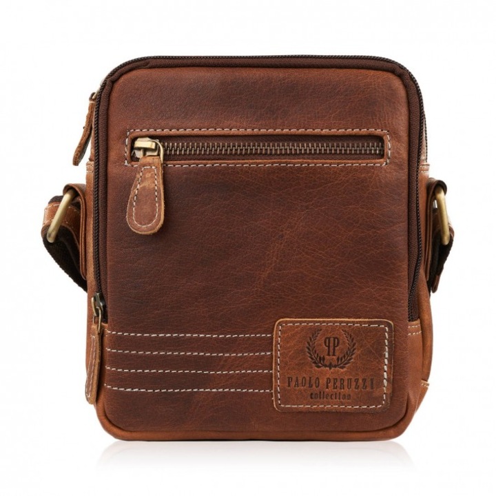 Válltáska, Paolo Peruzzi, Természetes bőr, 2 rekeszes, 18x15x8cm, Barna