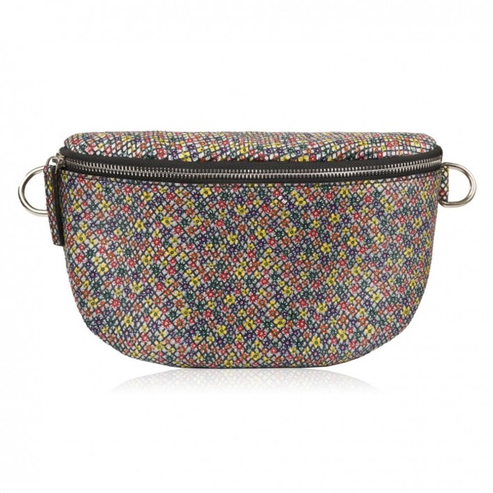 Geanta din piele naturala pentru femei, Paolo Peruzzi, model T-36-D, imprimeu floral, multicolor, 26x17x1cm