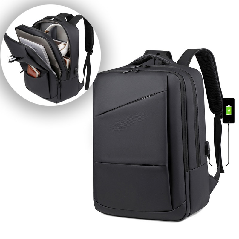 Rucsac pentru laptop, rucsac, rucsac de calatorie, Fudisenn®, are capacitate pentru un laptop de 14 inch, spatiu de stocare multistrat de mare capacitate, impermeabil, cu port de incarcare USB, poate fi asezat deasupra unei valize, negru