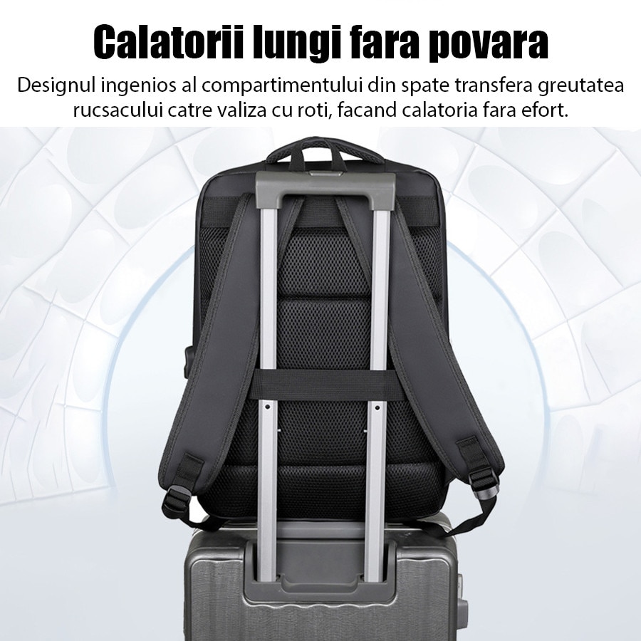 Rucsac pentru laptop, rucsac, rucsac de calatorie, Fudisenn®, are capacitate pentru un laptop de 14 inch, spatiu de stocare multistrat de mare capacitate, impermeabil, cu port de incarcare USB, poate fi asezat deasupra unei valize, negru