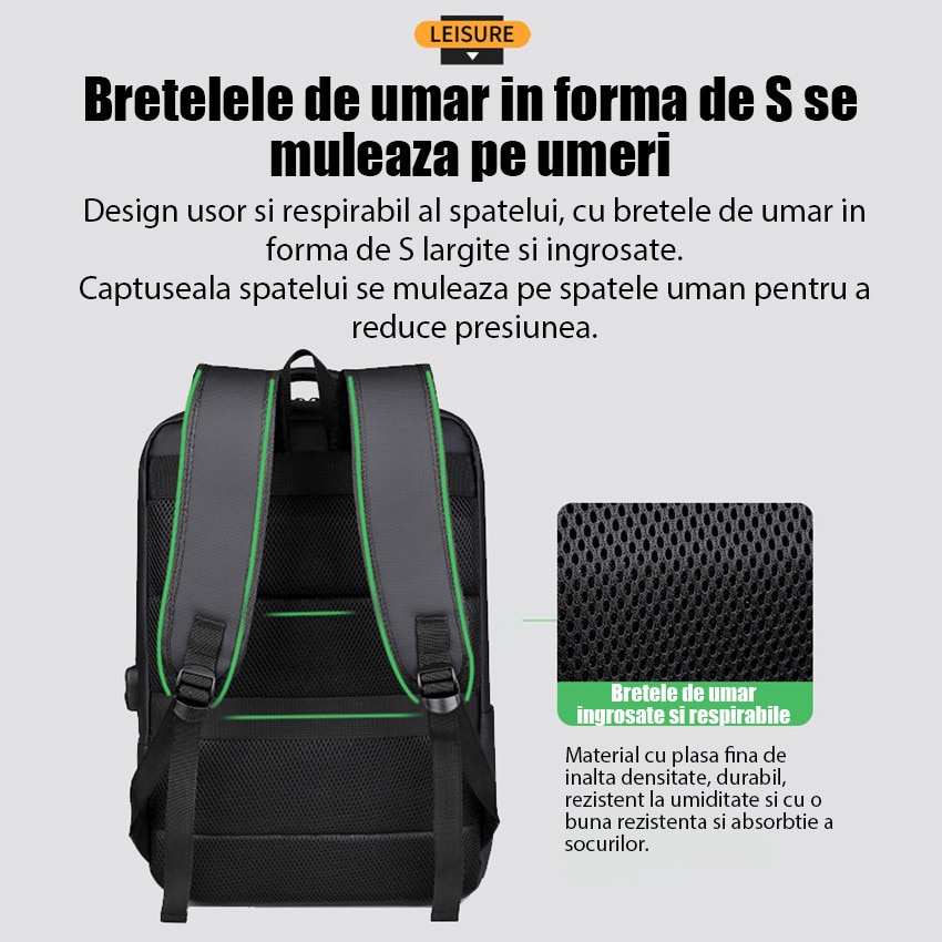 Rucsac pentru laptop, rucsac, rucsac de calatorie, Fudisenn®, are capacitate pentru un laptop de 14 inch, spatiu de stocare multistrat de mare capacitate, impermeabil, cu port de incarcare USB, poate fi asezat deasupra unei valize, negru