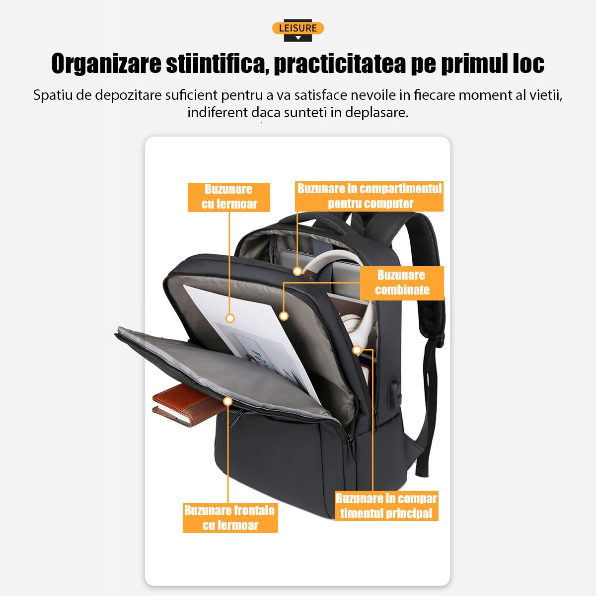 Rucsac pentru laptop, rucsac, rucsac de calatorie, Fudisenn®, are capacitate pentru un laptop de 14 inch, spatiu de stocare multistrat de mare capacitate, impermeabil, cu port de incarcare USB, poate fi asezat deasupra unei valize, negru