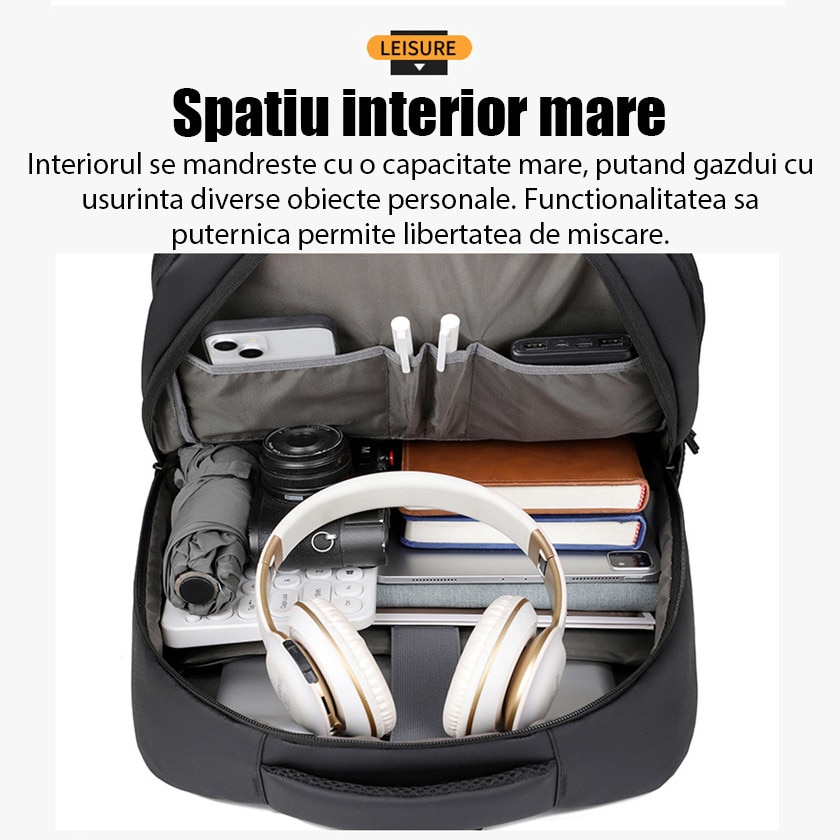 Rucsac pentru laptop, rucsac, rucsac de calatorie, Fudisenn®, are capacitate pentru un laptop de 14 inch, spatiu de stocare multistrat de mare capacitate, impermeabil, cu port de incarcare USB, poate fi asezat deasupra unei valize, negru