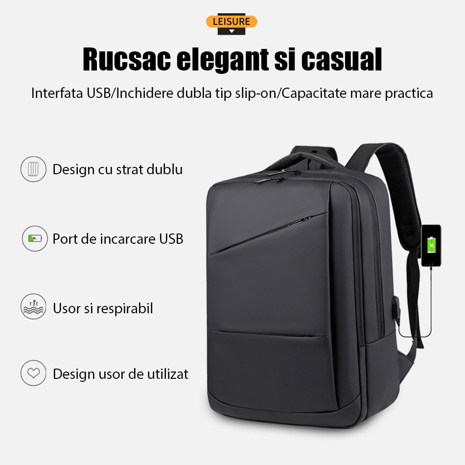 Rucsac pentru laptop, rucsac, rucsac de calatorie, Fudisenn®, are capacitate pentru un laptop de 14 inch, spatiu de stocare multistrat de mare capacitate, impermeabil, cu port de incarcare USB, poate fi asezat deasupra unei valize, negru