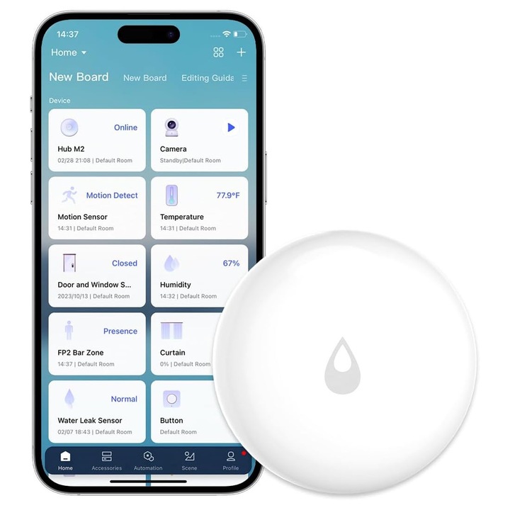 Senzor detectie scurgeri apa wireless, alarma 110dB, IP67 rezistent la praf si apa, compatibil cu aplicatiile TuyaSmart, Wi-Fi, OUYLAF, Alb