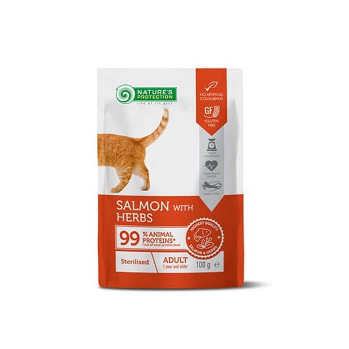 Hrana umeda pentru pisici, Nature's Protection, Somon si ierburi, 100g