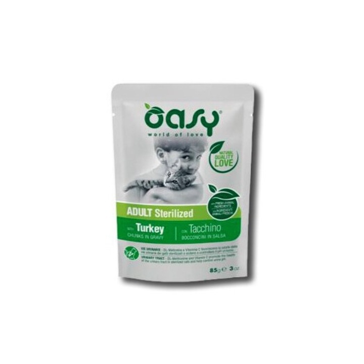 Oasy nedves macskaeledel, pulyka, sterilizált felnőtt macskáknak, 85g