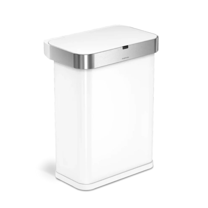 Кошче за боклук със сензор и гласово управление Simplehuman, Pocket Voice Control Recycler, капацитет 58 литра, корпус от неръждаема стомана, бял