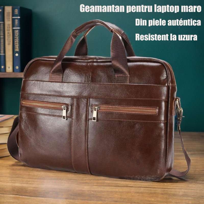 Geanta Laptop Din Piele Naturala, Geanta laptop portabila，14"，Fudisenn®, de umar, de mana, Servieta business ，pentru barbati din piele de bovina primul strat，maro，39x28x7cm