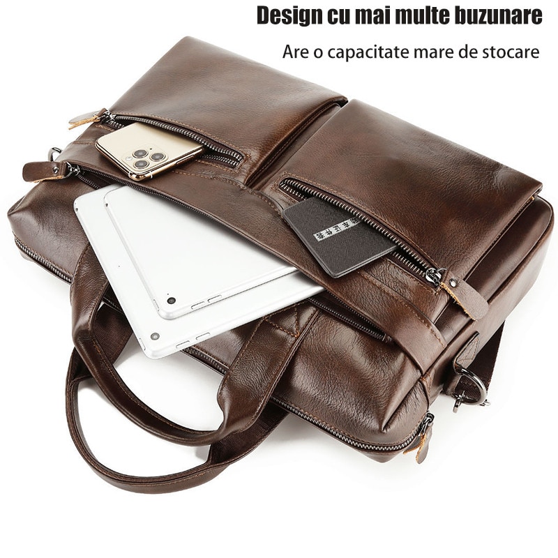 Geanta Laptop Din Piele Naturala, Geanta laptop portabila，14"，Fudisenn®, de umar, de mana, Servieta business ，pentru barbati din piele de bovina primul strat，maro，39x28x7cm