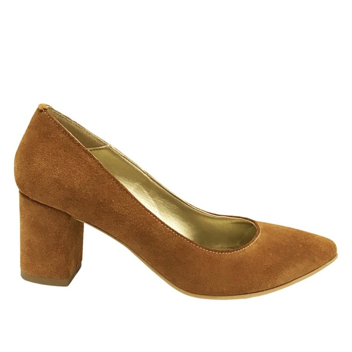 Pantofi de dama piele naturala cu toc gros camel, Maro camel