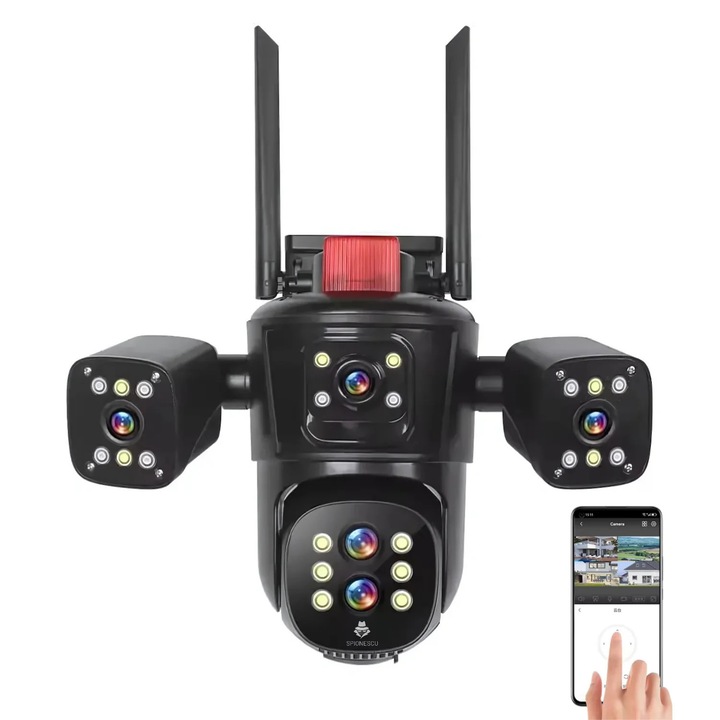 Camera de supraveghere tripla, Spionescu, P8, 16MP, 720 grade, ultra HD 8K, Wi-Fi, vedere nocturna, senzor de miscare, stocare SD/cloud, alarma, negru