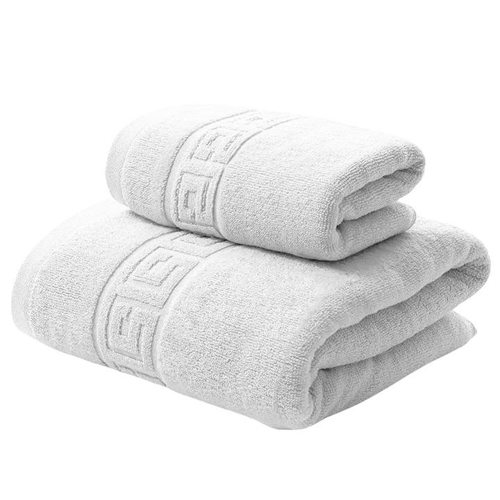 Set 2 Prosoape Greek Border 100% Bumbac, Prosop de Fata 50x90 cm si Prosop de Corp 70x140 cm, Densitate 500 gr/m², Culoare Alb