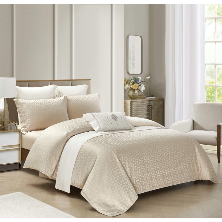 Lenjerie de Pat Dublu, Jacquard Finetat, 4 Piese, Luciu Satinat Rafinat si Confort Premium, Cearceaf cu elastic 180x200cm, Husa pilota 200x230cm, 2 Fata de perna 55x80cm, Bej