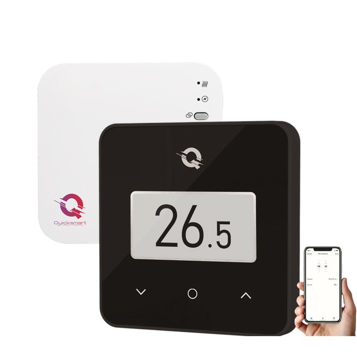 Q30 vezeték nélküli termosztát, lítium-ion akkumulátorok, e-tinta képernyő, ultravékony, intelligens környezeti hőmérséklet-kezelés és monitorozás, iOS/Android alkalmazásvezérlés, programozható, üveg előlap érintésvezérléssel, fekete