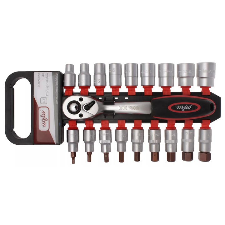 Set 19 piese chei 1/2" MJW, 18 nasadki 6-kat si HEX, grzechotka, plastic, multicolor