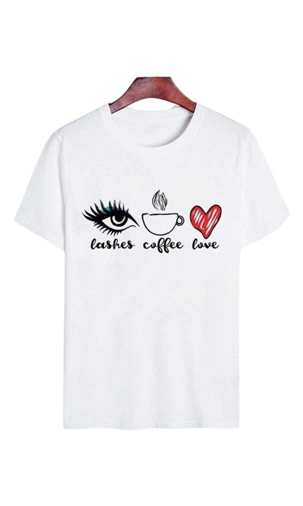 Női pamut póló üzenettel - Lashes, Coffee & Love, méret: L