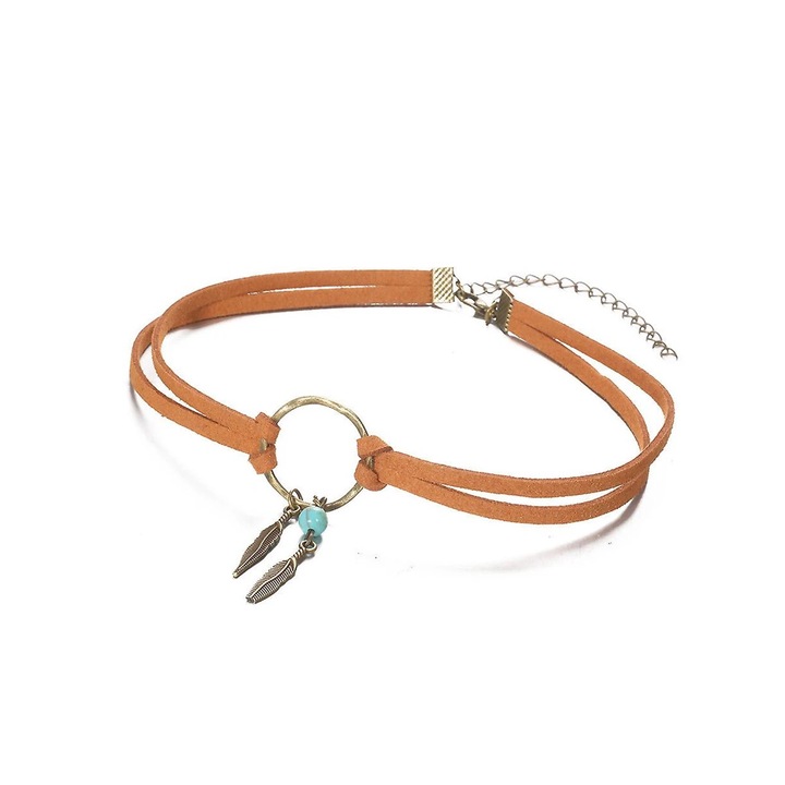 Hippie Bohemia egyedi készlet, antik bronz levél medál, geometrikus bőr nyaklánc, világosbarna, 1 db