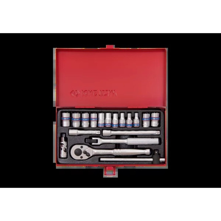Set chei 1/4" King Tony, 18 piese, 12/8-kat, 4-12mm, cu gratar si accesorii, cutie metalica