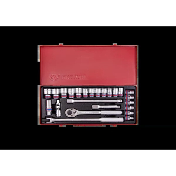 Set unelte 1/2" King Tony, 24 piese, nasadki scurte, 5/16"-1-1/4", cu gratar si accesorii, in cutie metalica