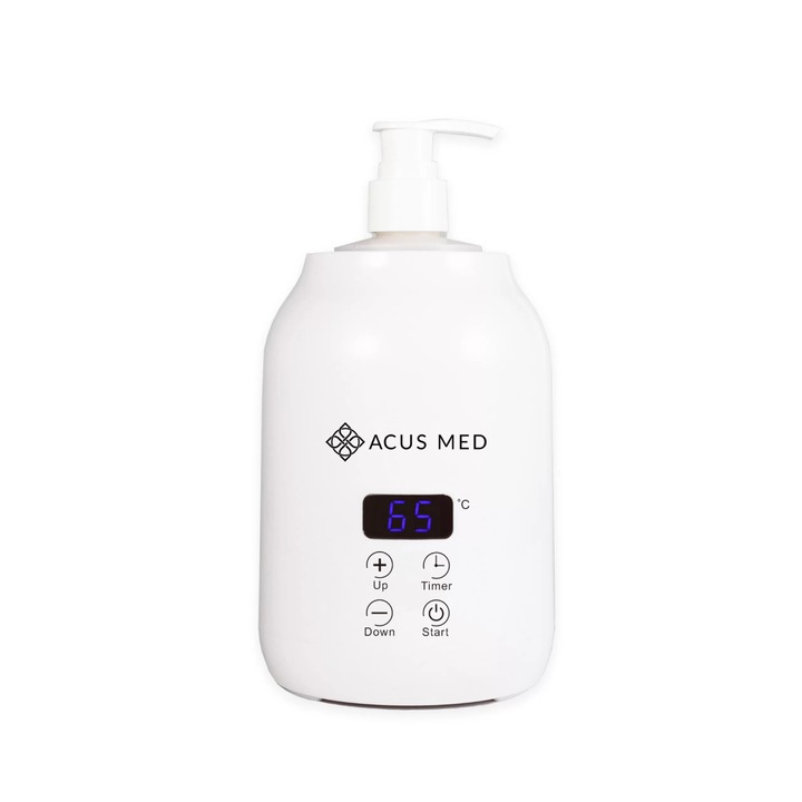 Aparat profesional de incalzit ulei de masaj Acus Med, cu sticla 250 ml, mentine temperatura constanta, ideal pentru spa, saloane, oferind confort sporit si o experienta placuta
