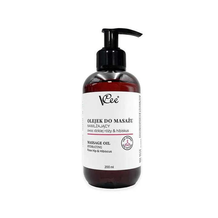 Ulei de masaj hidratant VCee, 200 ml, cu extract natural de fructe de trandafir salbatic si hibiscus, ideal pentru relaxare, ingrijire si regenerare a pielii