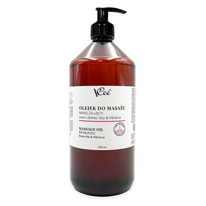 Ulei de masaj hidratant VCee, 1000 ml, cu extract natural de fructe de trandafir salbatic si hibiscus, ideal pentru relaxare, ingrijire si regenerare a pielii