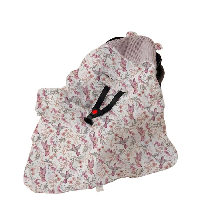 Paturica pentru scoica auto, design cu gluga, Muminky, roz, 90x90cm, material bumbac, umplutura antialergica