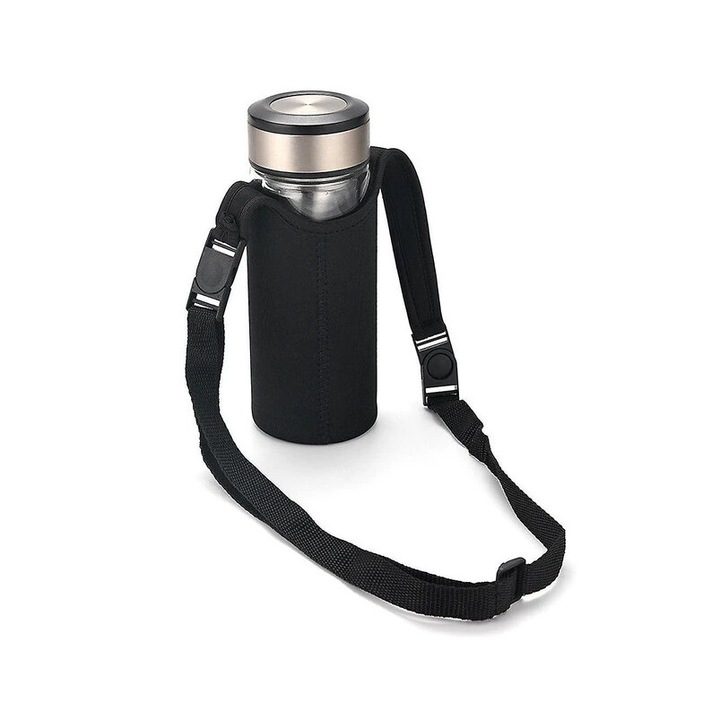 Husa pentru sticla de apa, QttvbTna, neopren, neagra, unisex, cu bretele ajustabile