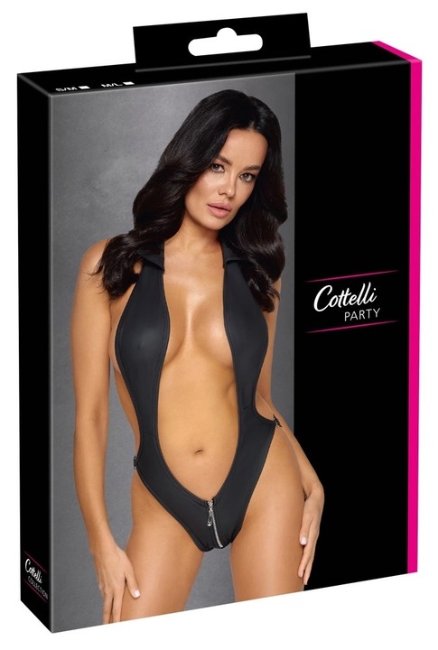 Секси бельо, Cottelli Collection Party, матово черно боди, с цип, отворена предница, SM INTL