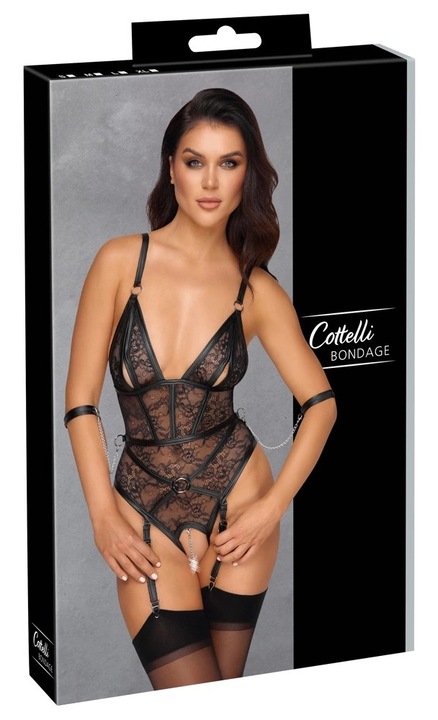 Body sexy din dantela cu mansete si curele, Cottelli BONDAGE, negru, M