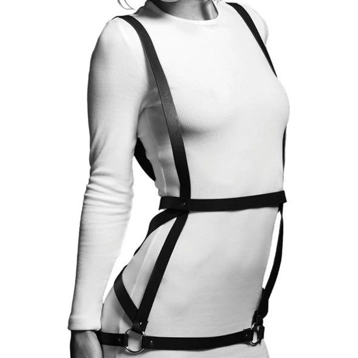 Set rochie cu bretele Bijoux Indiscrets, negru, dimensiuni ajustabile, piele vegana, 80-102cm solduri, 68-87cm talie