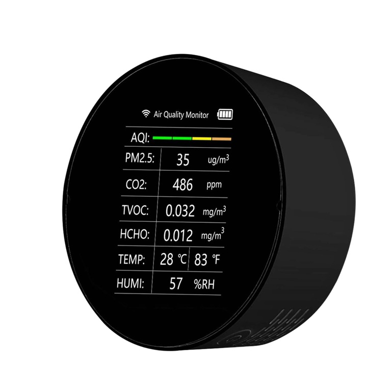 Detector de calitate a aerului Tuya WiFi 7 in 1, PM2.5, TVOC, CO2, temperatura, umiditate, negru, 120x110x50mm