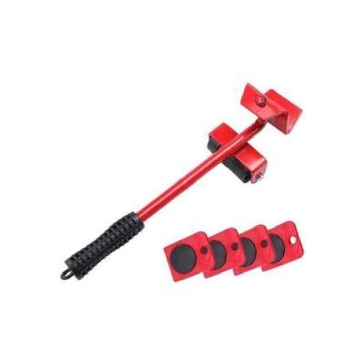 Set de ridicare si mutare mobilier, 1 bara de ridicare, 4 roti, rosu, 360mm x 105x80mm