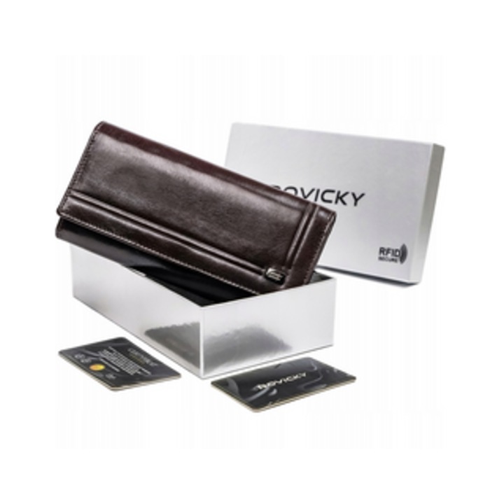 Portofel pentru femei, Rovicky, piele naturala, protectie RFID, 12 compartimente pentru carduri, 3 locuri pentru documente, 18.5x9.5x3cm, maro inchis