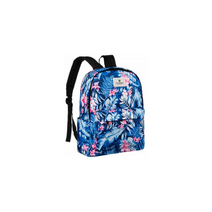 Ghiozdan scolar, Peterson, design floral, 23 litri, 350g, albastru-roz.