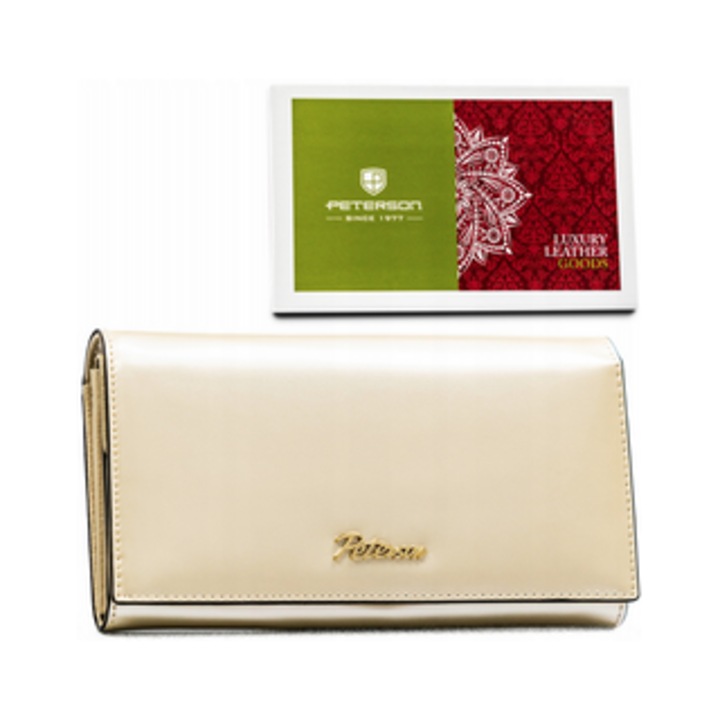 Portofel dama, Peterson, bej, cu sistem RFID, 5 compartimente pentru carduri, 3 compartimente pentru documente