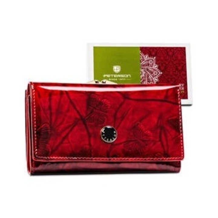 Portofel dama, Peterson, rosu, piele naturala, 14 compartimente pentru carduri