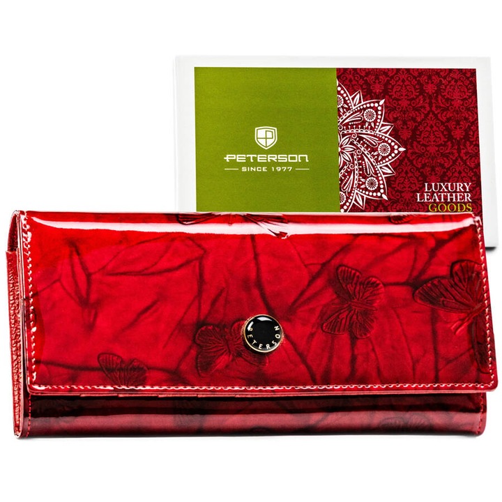 Portofel dama, Peterson, piele naturala, RFID, 18.5 x 9 x 3.5 cm, rosu