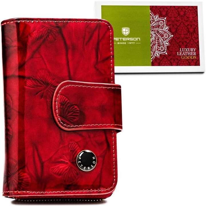 Portofel dama, Peterson, rosu, cu protectie RFID, 9 compartimente pentru carduri, 4 compartimente pentru documente