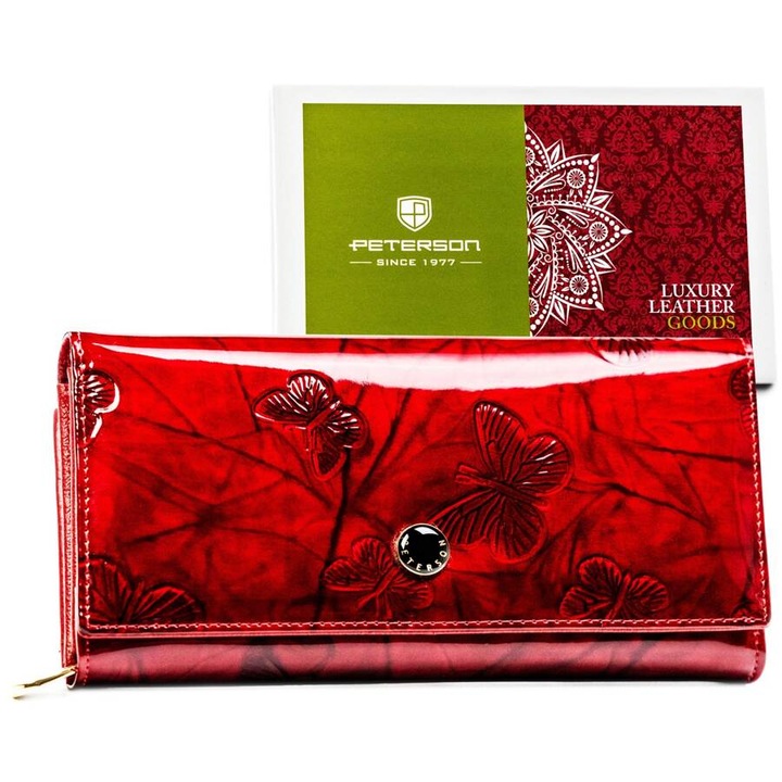 Portofel dama, Peterson, din piele lacuita, design cu fluturi, 25 compartimente pentru carduri, rosu, 10x19.5x3.5cm