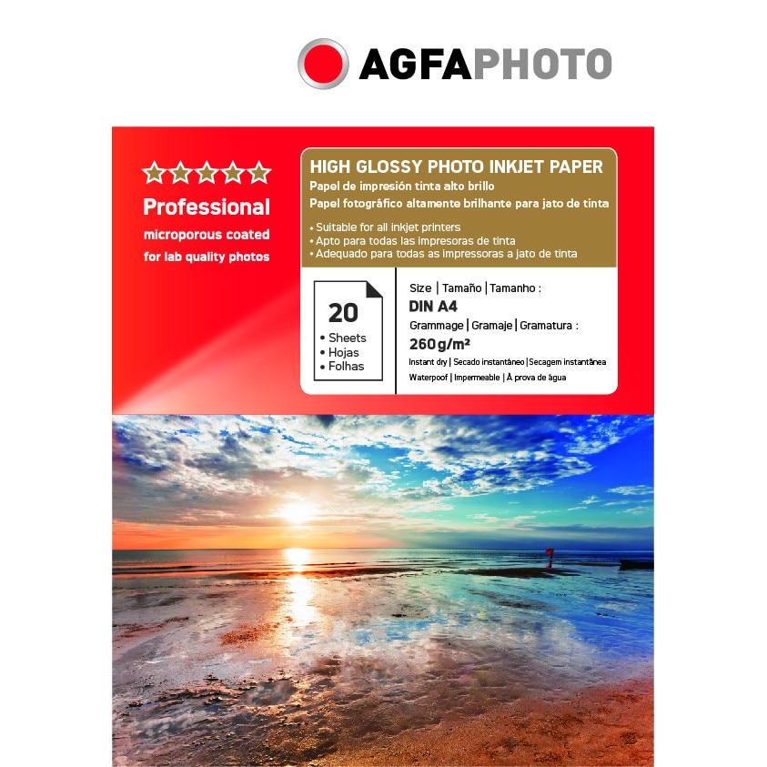 Hartie RC (resin coated) A4 (210x297) AGFA PHOTO high glossy professional greutate 260g/mp - pachet 20 coli