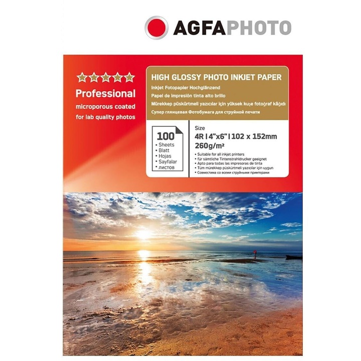 Hartie RC (resin coated) 10x15 (4R) AGFA PHOTO high glossy professional greutate 260g/m - pachet 100 coli