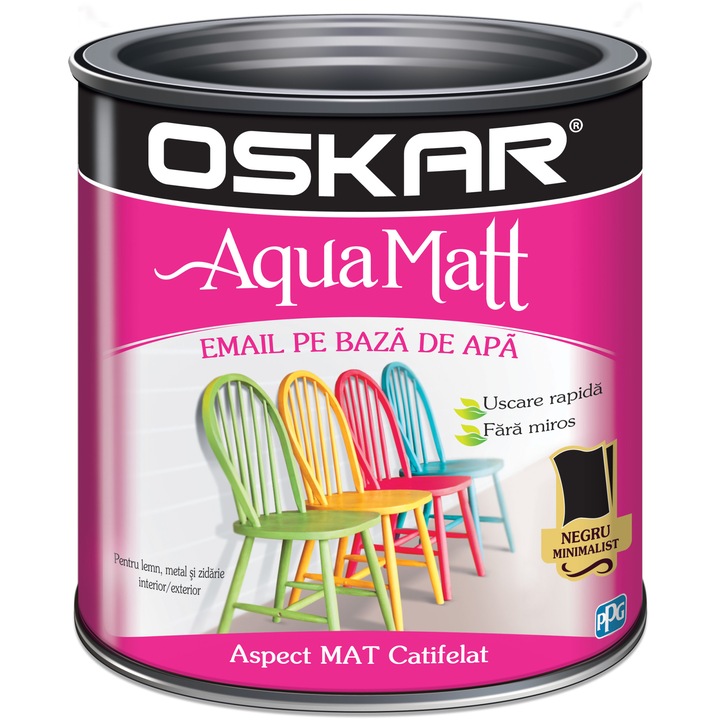 Vopsea email pe baza de apa Oskar Aqua Matt, Negru minimalist, 0.6 L