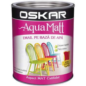 Vopsea email pe baza de apa Oskar Aqua Matt, Rosu pasional, 0.6 L Vopsea email pe baza de apa Oskar Aqua Matt, Rosu pasional, 0.6 L