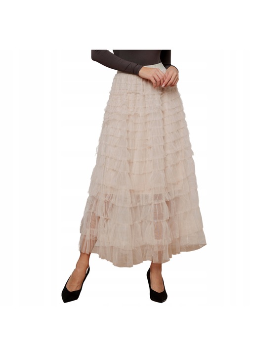 Fusta lunga Och Bella, Tulle, Cu volane, Bej deschis, One Size INTL