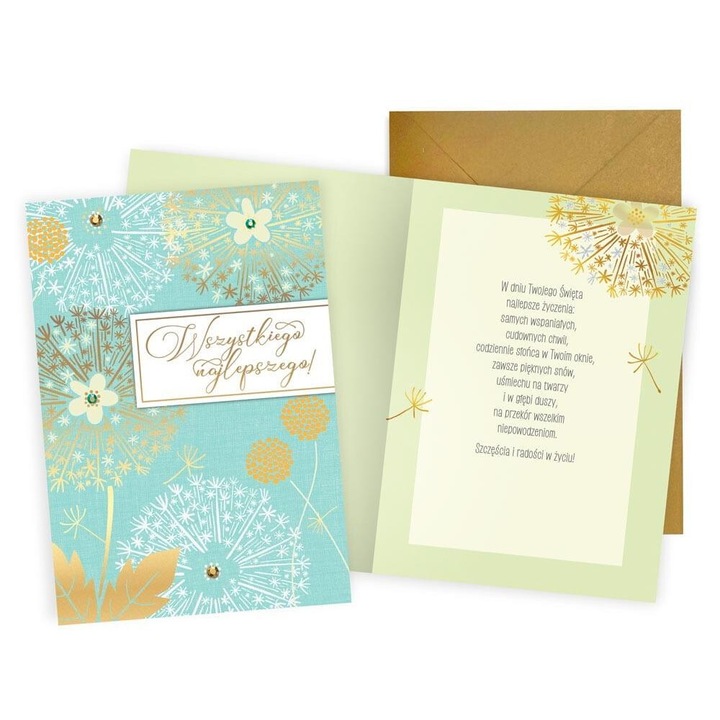 Felicitare Karnet Najlepsze zyczenia, Kukartka, B6, 16.6x11.7cm, cu decoratiuni metalice si perlate, interior colorat